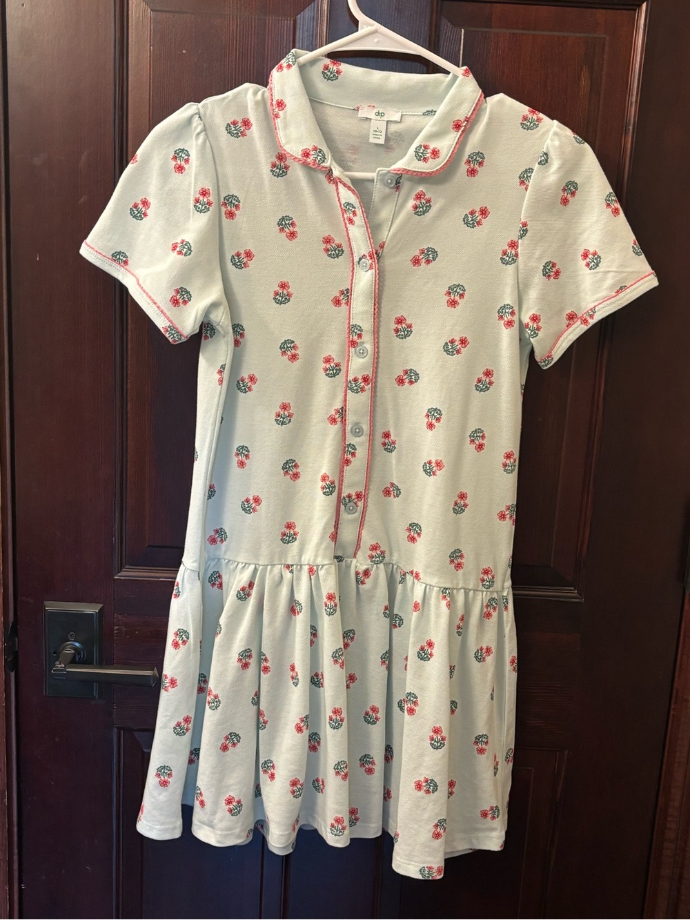 Girls' Size 10-12- Floral Button-Front Dress in Light Mint with Pink Accents